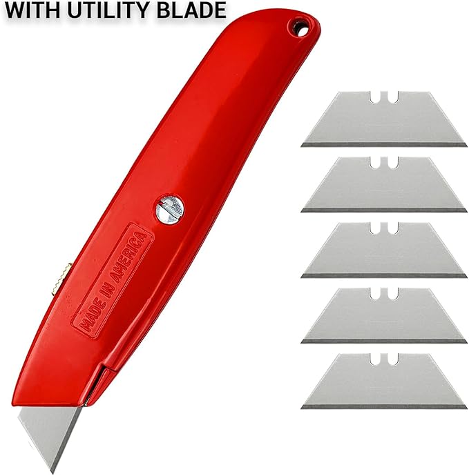 Canopus Heavy Duty Utility Knife with Utility and Hook Blades, All Metal Retractable Box Cutter, Carpet Knife, Shingle Cutter Roofing Knife, Combo Pack, Red, Made in USA