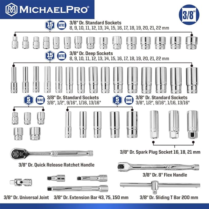 MichaelPro 50-Piece 3/8'' Dr. Socket Set, 90-Tooth Standard & Deep Sockets, SAE 3/8''- 13/16'' & Metric 8-22mm, with Extensions, 8'' Flex Handle, Sliding T-Bar, Universal Joint, CR-V Steel | MP005060