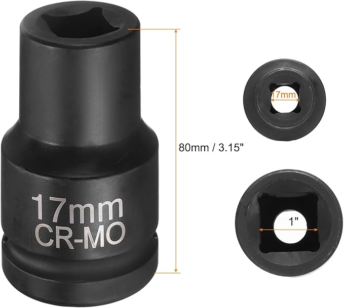 HARFINGTON 4 Point Square Socket 1" Drive 17mm Metric Square Impact Socket CR-MO Blackening Standard Wheel Sleeve Pneumatic Sleeve Tool for Auto Repair Mechanical Maintenance Home Use