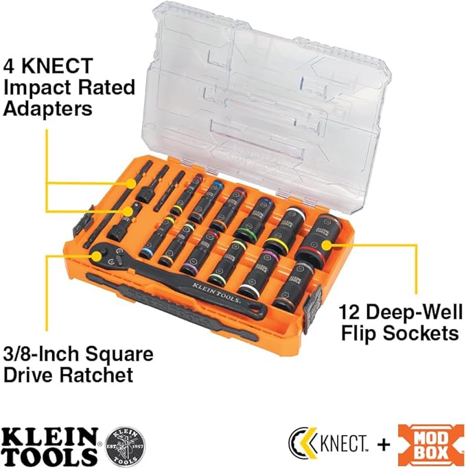 Klein Tools 65626 KNECT Deep Well Impact Socket Set, 3/8-Inch Drive Ratchet, 24 SAE and Metric Flip Socket Sizes, MODbox Case