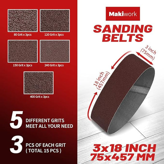 3 x 18 Inch 75 x 457 mm Sanding Belts Set - 15-Pack with 80/120/150/240/400 Grits, Aluminum Oxide Abrasive Belts for Woodworking