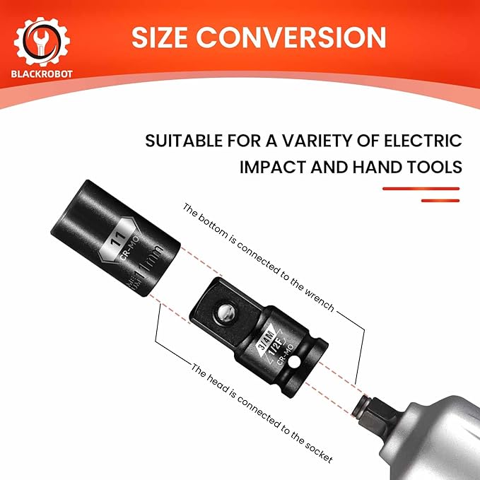 BLACKROBOT 1/2?쒯 To 3/4?쒶 Impact Socket Adapter, Cr-Mo Steel Exceeds ANSI Standards, Square Drive Reducer for Impact Driver Wrench