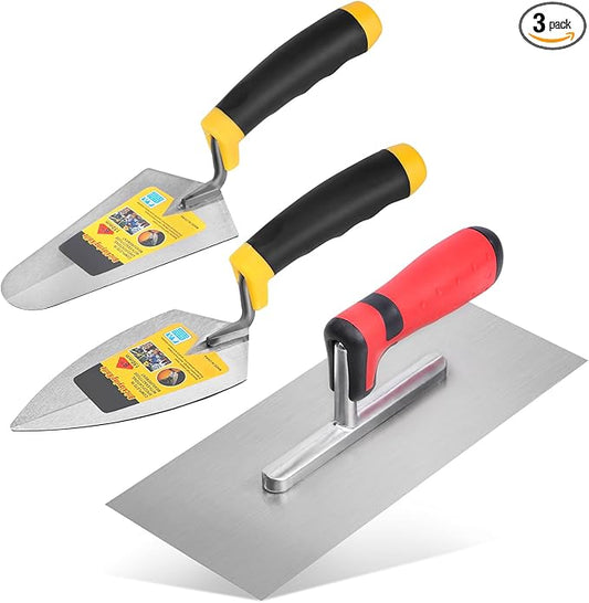 3 Pcs Masonry Tool Set, 6" Pointing Trowel & 11"x4" Carbon Steel Flat Finishing Trowel with Soft Grip Handles Concrete Drywall Tile and Plastering Tools for Contractors DIY