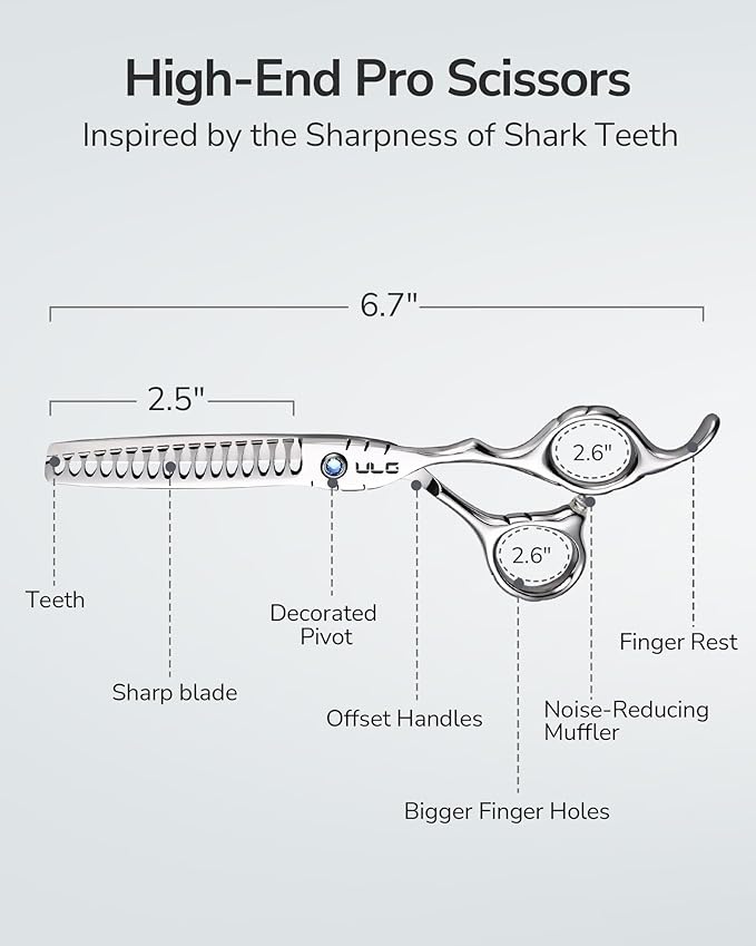 ULG Hair Thinning Scissors 6.7??Shark Series 100% Japanese Stainless Steel, Offset Handle, 16-Tooth Fishbone Chunker 45% Hair Removal, Professional Barber Layering Shears for Salon & Home Hair Styling
