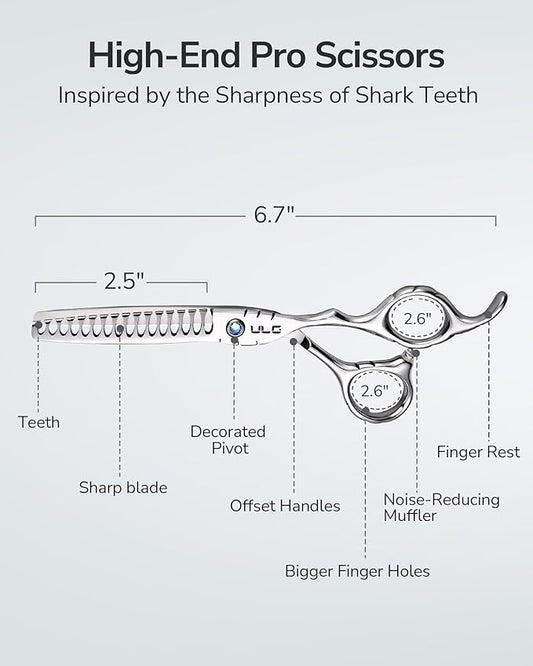 ULG Hair Thinning Scissors 6.7??Shark Series 100% Japanese Stainless Steel, Offset Handle, 16-Tooth Fishbone Chunker 45% Hair Removal, Professional Barber Layering Shears for Salon & Home Hair Styling