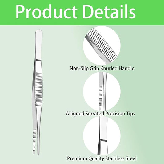 3PCS Stainless Steel Tweezers Set 8" 10" 12", Long Kitchen Tongs with Precision Serrated Tips for Cooking, Medical, Garden, Aquarium and Laboratory Use