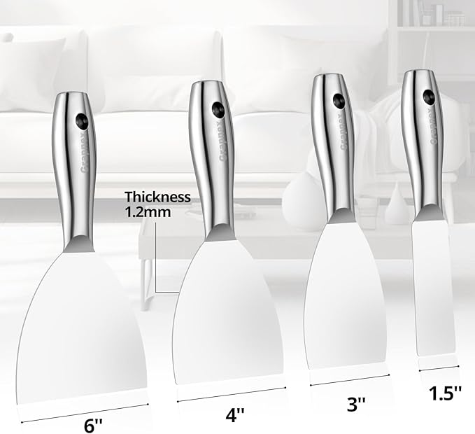4 Pack Putty Knife Scraper,1.5",3",4",6" One Piece Premium Polished All-Stainless Steel Scraper Tool for Spreading Drywall Spackle & Mud, Taping, Scraping Paint