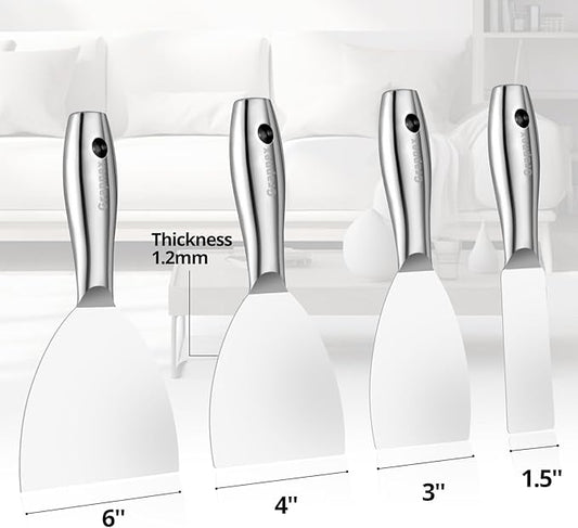4 Pack Putty Knife Scraper,1.5",3",4",6" One Piece Premium Polished All-Stainless Steel Scraper Tool for Spreading Drywall Spackle & Mud, Taping, Scraping Paint