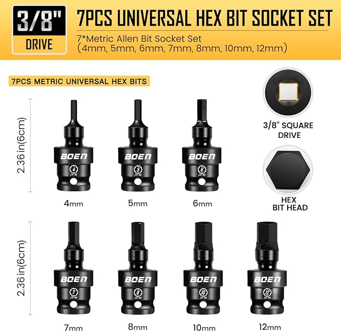 boen 3/8" Drive Universal Hex Bit Socket Set, 7-Piece Metric Impact Swivel Allen Bit Sockets, 360째 Rotation Flexible Wobble Hex Bit Driver Socket Set, With Storage Rail, CR-MO Steel