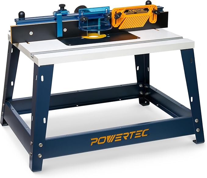 POWERTEC Benchtop Router Table with Steel Stand and Adjustable Fence ??24" x 16" MDF Laminated Top, Insert Plate, 2-1/2" Dust Port, Fence Stop, Featherboard & Additional Accessories (71402V)