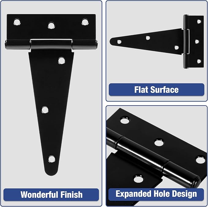 6 Inch Shed Door Hinges T-Strap Gate Hinge Heavy Duty 2 Pack Barn Farm Fence Tee Hinges for Doors Outdoor Kitchen Wood Cabinet Interior Exterior Window Bar Shop Matte Blake Door Hinge Hardware Kit