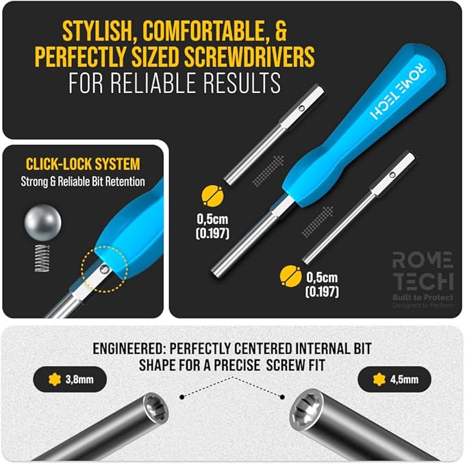Rome Tech Gamebit Screwdriver Set for GameCube, Gameboy, SNES, NES, N64, Sega Game Cartridge, Tri Wing Screw Driver & 3.8mm 4.5mm - Screwdriver Bit Set Console Repair Tool