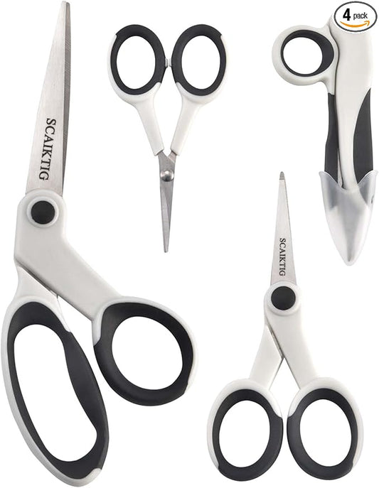 Premium Sewing Scissors Bundle, 8" Heavy Duty Fabric, 5" Embroidery, 4" Small Detail Scissors, 5" Thread Snips, Tailoring, Dressmaking, Quilting, Arts&Craft Supplies, White