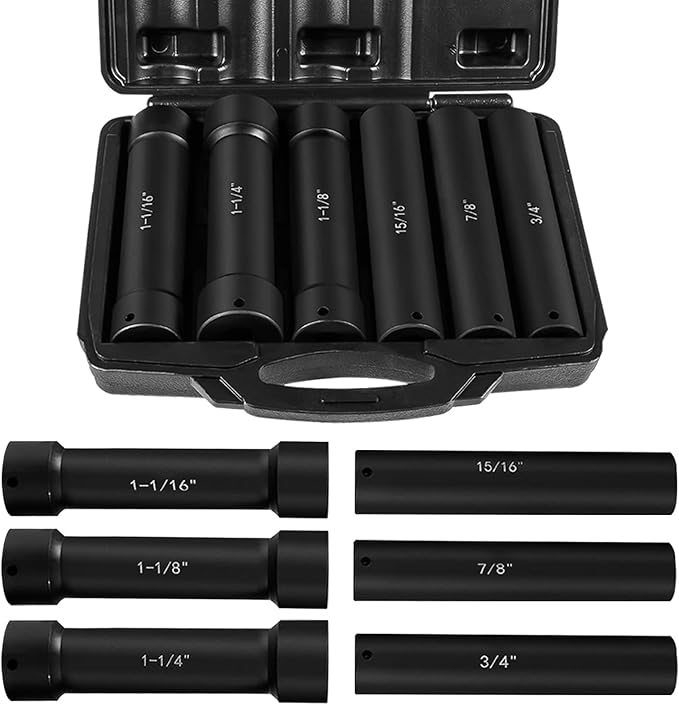 Drive Extended Length Impact Socket Set 6 Pack 1/2 Inch Drive Crank Bolt Socket Set Include Sizes 3/4", 7/8", 15/16", 1-1/16", 1-1/8", 1-1/4" for High Torque Use with Case