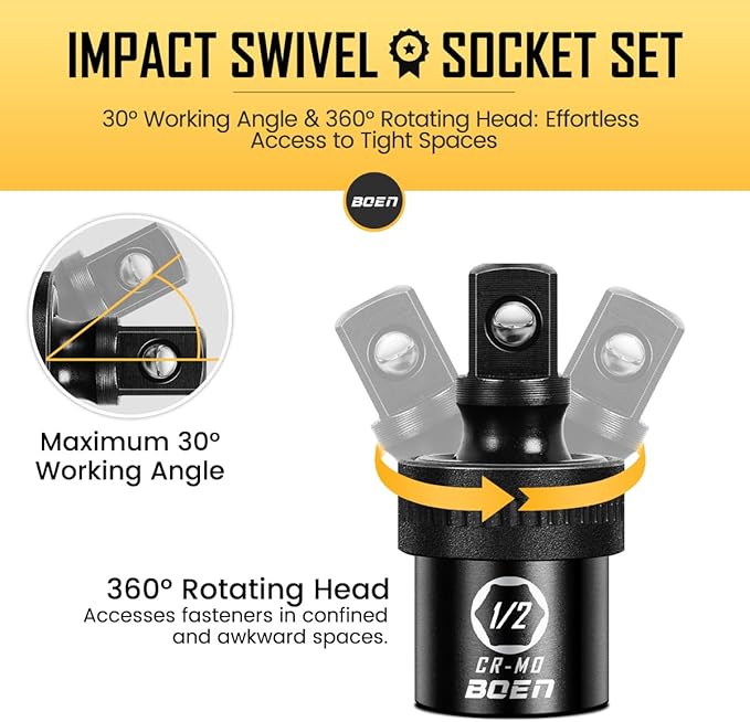 BOEN 6PCS Impact Universal Joint Sockets and Drill Adapters, 1/2" 1/4" 3/8" Drive Swivel Socket Set for Impact Wrench, CR-MO Steel Universal Joint Adapter Wobble with Storage Case
