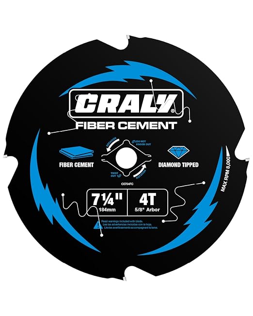 CRALY 7-1/4 Inch 4 Teeth Hardie Fiber Cement Circular Saw Blade, 5/8 Inch Arbor, Polycrystalline Diamond Tipped (PCD), Thin Kerf, Black Ice??Coating, for Laminate Flooring(C0704FC)