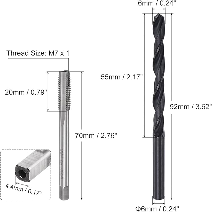 uxcell Metric Tap and Drill Bit Set, M7 x 1 Thread Tap & 6mm Black Oxide Twist Drill Bit, Straight Flute Tap Tapping Threading Repair Tool Kit