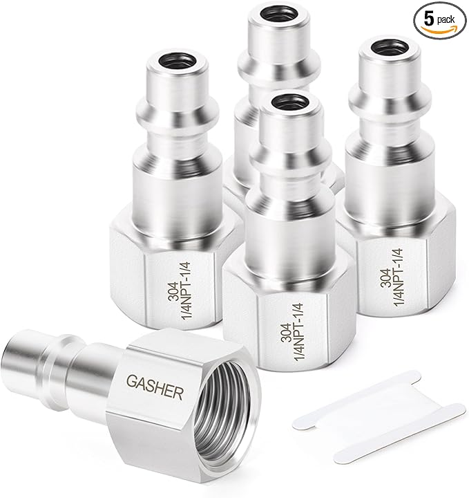 GASHER 5PCS 304 Stainless Steel 1/4-Inch NPT Female Industrial Air Tool Fitting, 1/4-Inch High Flow Pneumatic Plugs