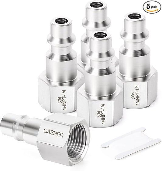 GASHER 5PCS 304 Stainless Steel 1/4-Inch NPT Female Industrial Air Tool Fitting, 1/4-Inch High Flow Pneumatic Plugs
