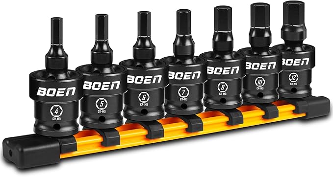 boen 3/8" Drive Universal Hex Bit Socket Set, 7-Piece Metric Impact Swivel Allen Bit Sockets, 360째 Rotation Flexible Wobble Hex Bit Driver Socket Set, With Storage Rail, CR-MO Steel