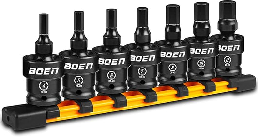 boen 3/8" Drive Universal Hex Bit Socket Set, 7-Piece Metric Impact Swivel Allen Bit Sockets, 360째 Rotation Flexible Wobble Hex Bit Driver Socket Set, With Storage Rail, CR-MO Steel