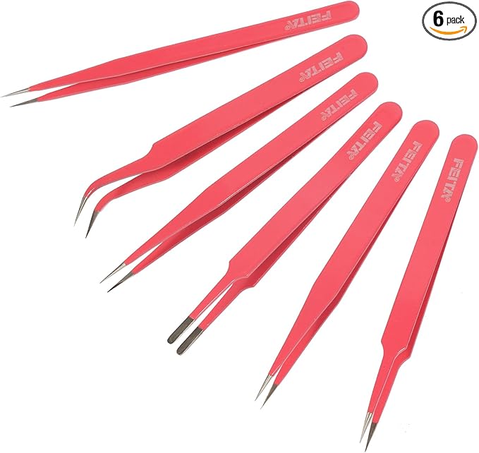 FEITA Pink Precision Craft Tweezers Set, Upgraded Stainless Steel Pointy, Curved, Falt Twizers for Crafting, Bead, Sticker, Jewelry-Making, Hobby Tools
