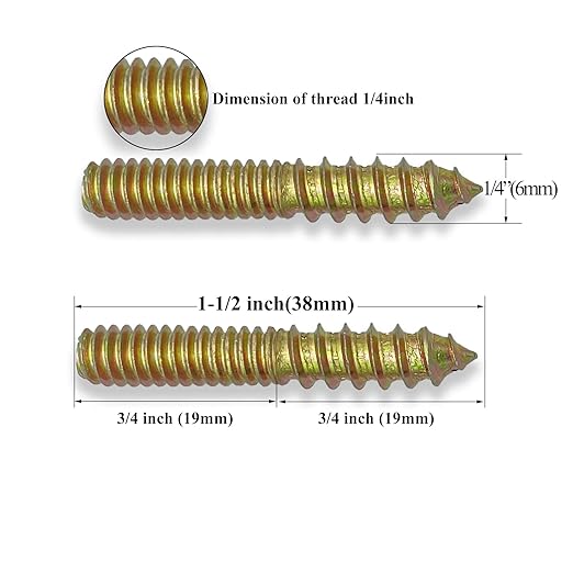 12 Pack 1/4-20 x 1-1/2 Inch Hanger Bolts 1/4-20" Double Headed Bolts 1/4 Wood Dowel Screw Self-Tapping Screw Hanger Bolts for Furniture Double Head Threaded Rods Bolt 37mm Length
