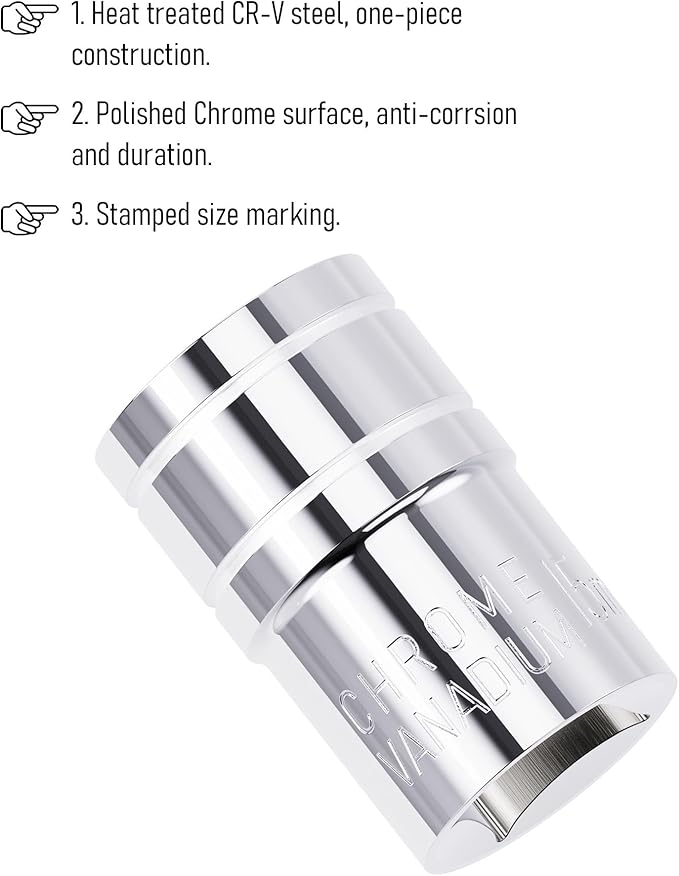 15mm Shallow Socket, 1/2 Inch Drive, 6-Point, Metric, Heat Treated CR-V Steel Short Sockets, Full Polishing, 1.5 Inch Length