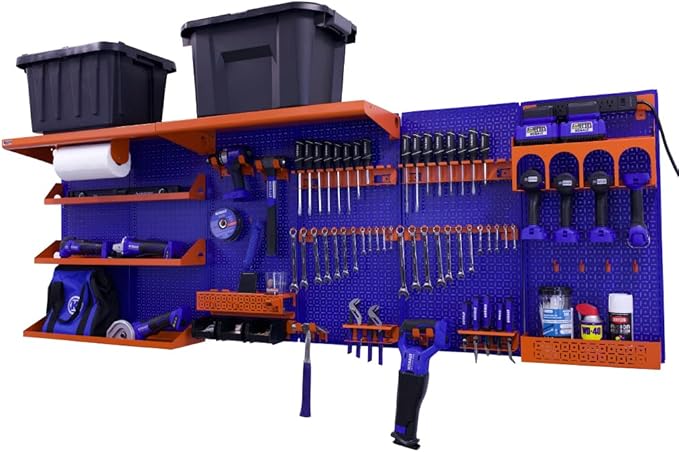 OmniWall Weekend Warrior Ultimate Tool Kit-96" x 32" Metal Pegboard Wall Storage System Blue/Orange