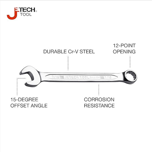 Jetech 7/16 Inch Combination Wrench, Industrial Grade Cr-V Steel Spanners with Precise 12 Point Opening, Off-Corners Design