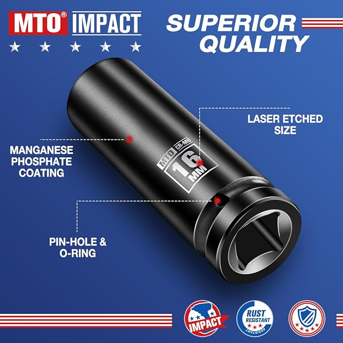 MTO 1/2" Drive 16mm Deep Impact Socket, 6 Pt. Metric Socket, CR-MO Steel & Anti-Corrosion Coating for Heavy-Duty Use