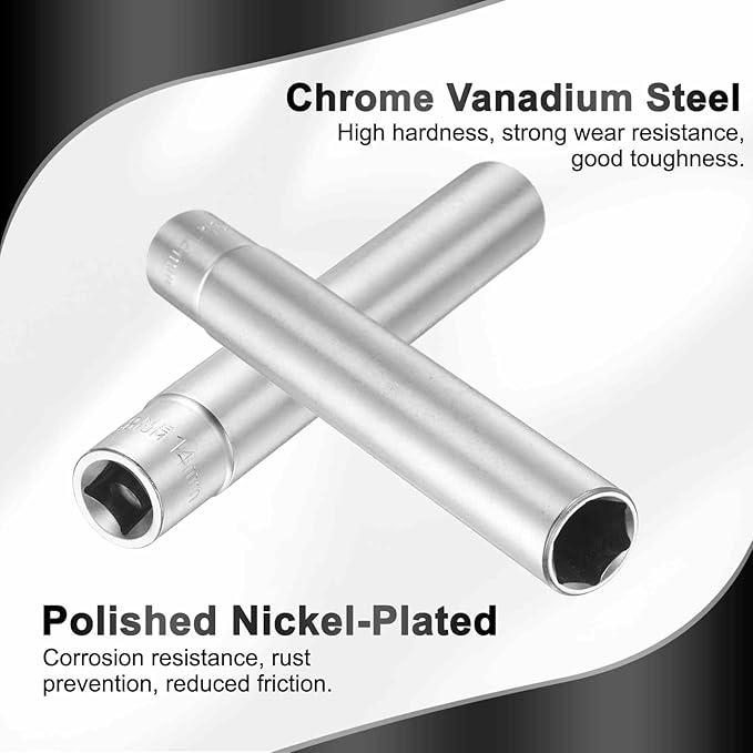 HARFINGTON 2pcs 6 Points Deep Socket 3/8" Drive 14mm Deep Metric CR-V Steel Polished Nickel Plating Flip Sleeve 120mm / 4.7" Extra Long Socket Tool for Home Auto Nuts Bolts Repair