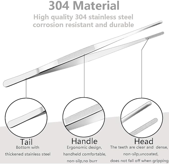Gutsdoor 8 Inch Plating Tweezers Stainless Steel Precision Culinary Tweezer Silver Kitchen Straight Tweezers Tongs