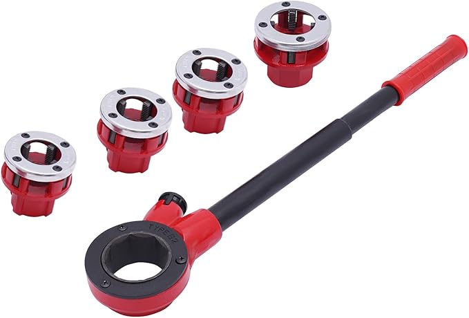 Eapmic Portable Pipe Threading Tool Set Manual Ratchet Pipe Threader Kit Handheld BSTP Ratcheting Pipe Threader with 5 Dies Set 1/2", 3/4", 1", 1-1/4" for Steel, Galvanized, Iron, Plastic Pipes