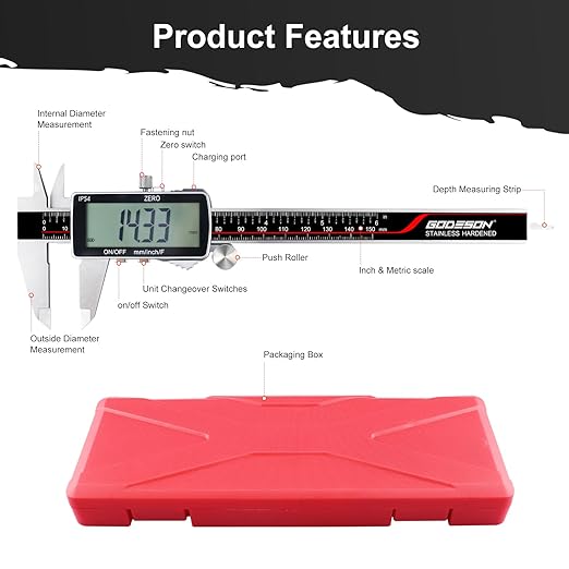 GODESON Digital Caliper, Rechargeable Digital Micrometer-IP54 Waterproof, Stainless Steel & Large LCD Screen Caliper Measuring Tool-Inch/Metric/Fraction,6" Calipers-Auto Off for Pros & DIYers