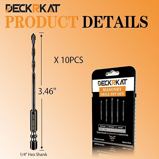 DECKRKAT 10-Piece 5/32" Carbide Masonry Drill Bits for Concrete, Brick, Tile - Black Hex Shank Set w/Heavy-Duty Case, Quick Change Fit Drill Driver