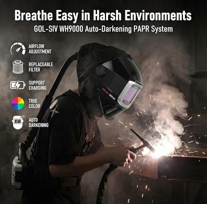 GOL-SIV-Auto-Darkening-Flip-Up Welding Helmet-Filter Respirator-Wide-View Window with Side Vision-True Color Display-Optical Protection Rating 1/1/1/1-4 Photoelectric Sensors-Battery Life 6~8 Hours