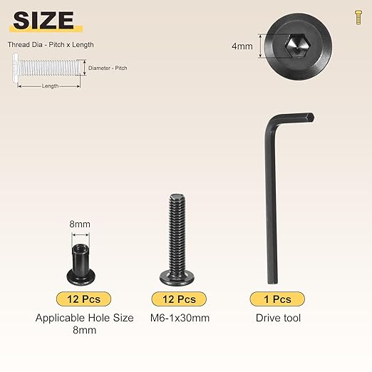METALLIXITY Furniture Crib Screws Replacement Set with Wrench(M6-1x30mm) 24Pcs, Galvanization Connector Bolts M6 Screw Barrel Nuts Binding Screws, for Chair Cabinet Bed, Black