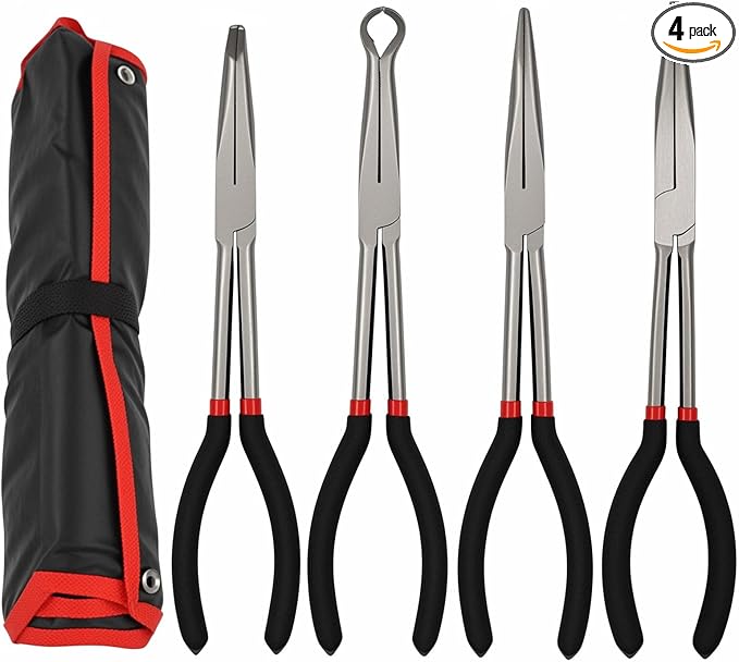 4 Pcs Extra Long Needle Nose Pliers Set, 11" Long Reach Pliers with Insulated Grip Handles - Straight Plier, 45/90 Degree Curved Pliers, O-shape Tip Needle Nose Plier, Spark Plug Removal Tool