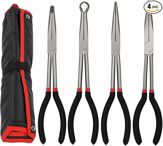 4 Pcs Extra Long Needle Nose Pliers Set, 11" Long Reach Pliers with Insulated Grip Handles - Straight Plier, 45/90 Degree Curved Pliers, O-shape Tip Needle Nose Plier, Spark Plug Removal Tool