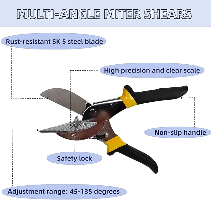 Multi Angle Miter Shears for Angular Cutting, Adjustable 45-135 Degree Trim Cutter for Soft Wood, PVC, Plastic, and Molding - Includes Extra Blades and Safety Lock (Black handle)