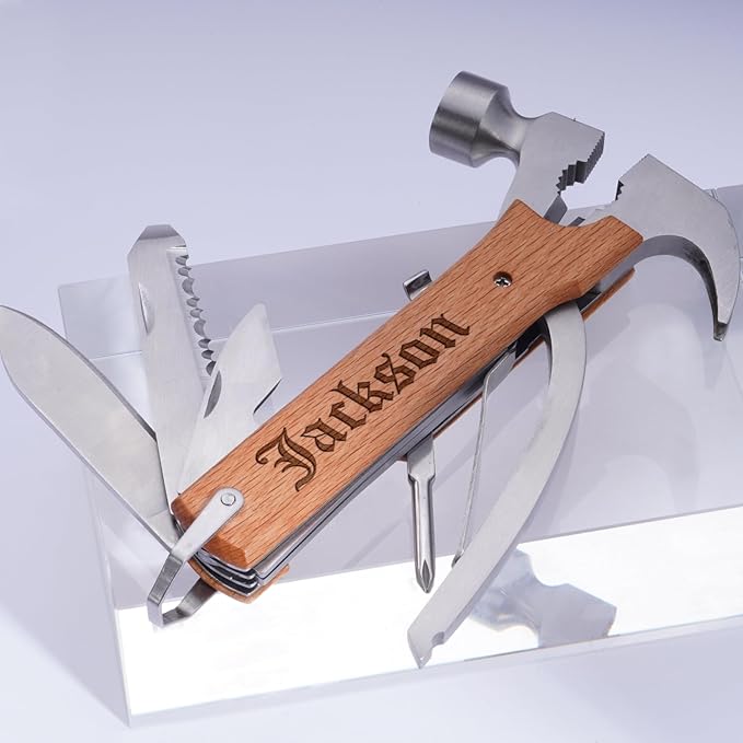 Custom Pocket Knife for Men, Personalized Gift for Men, Custom Engraved Multitool, Multiple Tools for Wooden Handle, Cool Birthday, Christmas, Fathers Day Gift for Dad, Husband, Grandpa