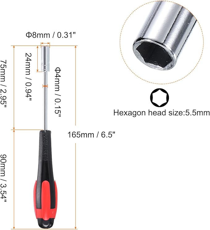 HARFINGTON Metric Nut Driver 5.5mm Dia 75mm Shank Non-Magnetic 6 Point Hex Socket Screwdriver with Non-Slip Handle for Tightening and Loosening Fasteners