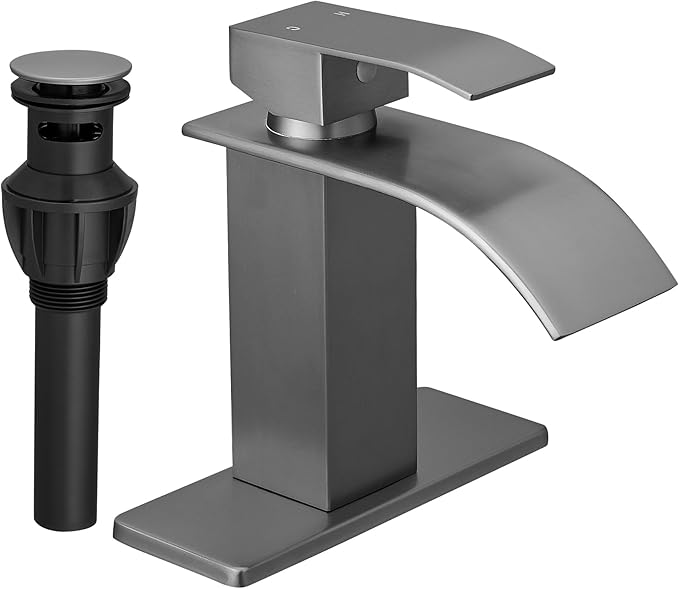 FRANSITON Brushed Grey Waterfall Bathroom Faucet Lavatory Single Handle 1 or 3 Hole Bathroom Sink Faucet with Deck and Pop-up Drain (Brushed Grey, Short)