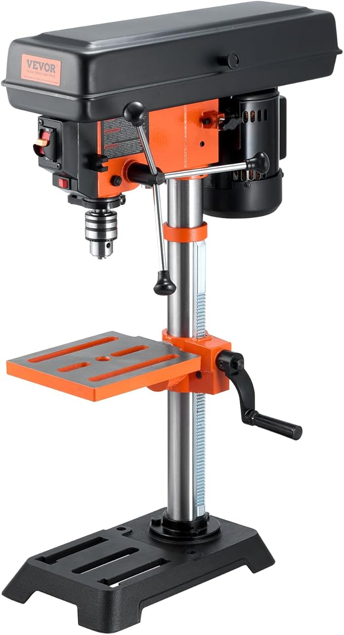 VEVOR Benchtop Drill Press, 3.2 Amp and 5-Speed Adjustable Drill Press with 10 in Swing, Cast Iron Frame, Worktable Tilts 0-45째, Ideal for Drilling Wood & Metal