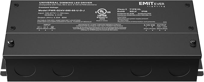EMITEVER Dimmable Led Driver, 80W AC 110V-277V to DC 24V Transformer, 5-in-1 Dimming: ELV/MLV/TRIAC / 0-10V / 1-10V / 10V PWM/Potentiometer,Class 2,Waterproof IP67 and UL Listed竊똂lass 2