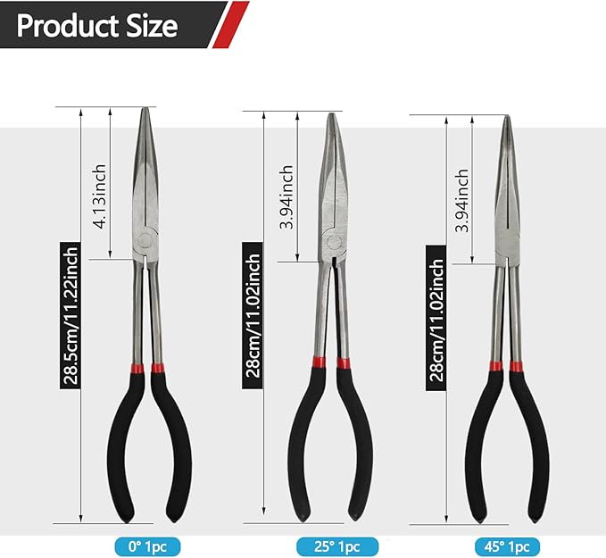 3-Piece 11" Precision Long Nose Pliers Set with Insulated Comfort Grip Handles,Straight Long Needle Nose Pliers,25/45 Degree Angle Curved Pliers for Wire Bending,Shaping,Trimming
