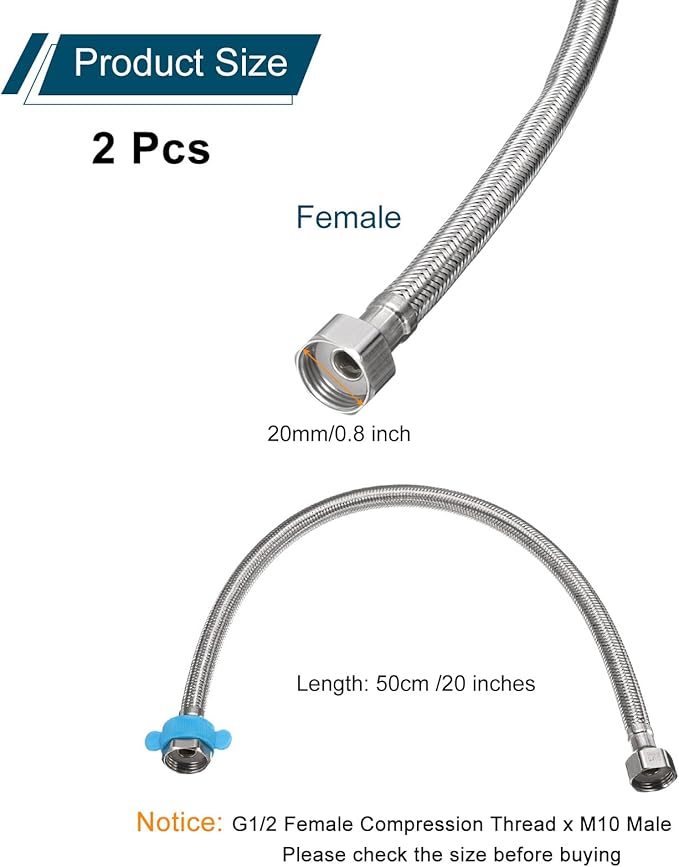 uxcell 2Pcs 20" Faucet Supply Lines Connector Stainless Steel Braided Long Faucet Connector G1/2 Female Compression Thread x G1/2 Female Straight Thread for Kitchen Sink Bathroom (Silver)