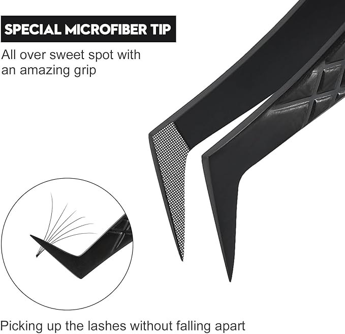 Ms.Queen Fiber Tip Lash Tweezers, Precise Diamond Grip L-Shape Boot Volume Eyelash Extension Tweezers,Black