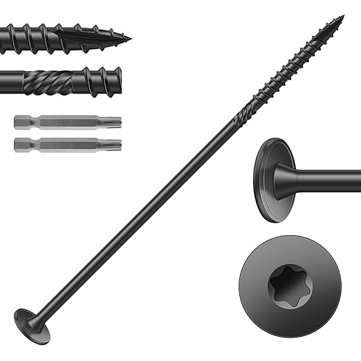 #14 x 6 Inch Outdoor Structural Wood Deck Screws (148Pcs/8lb), Carbon Steel, Black, Flat Head, Rust Resistant Epoxy Coated, T30 Star Bit